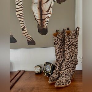 R13 Raw Leopard Canvas Cowboy Boots